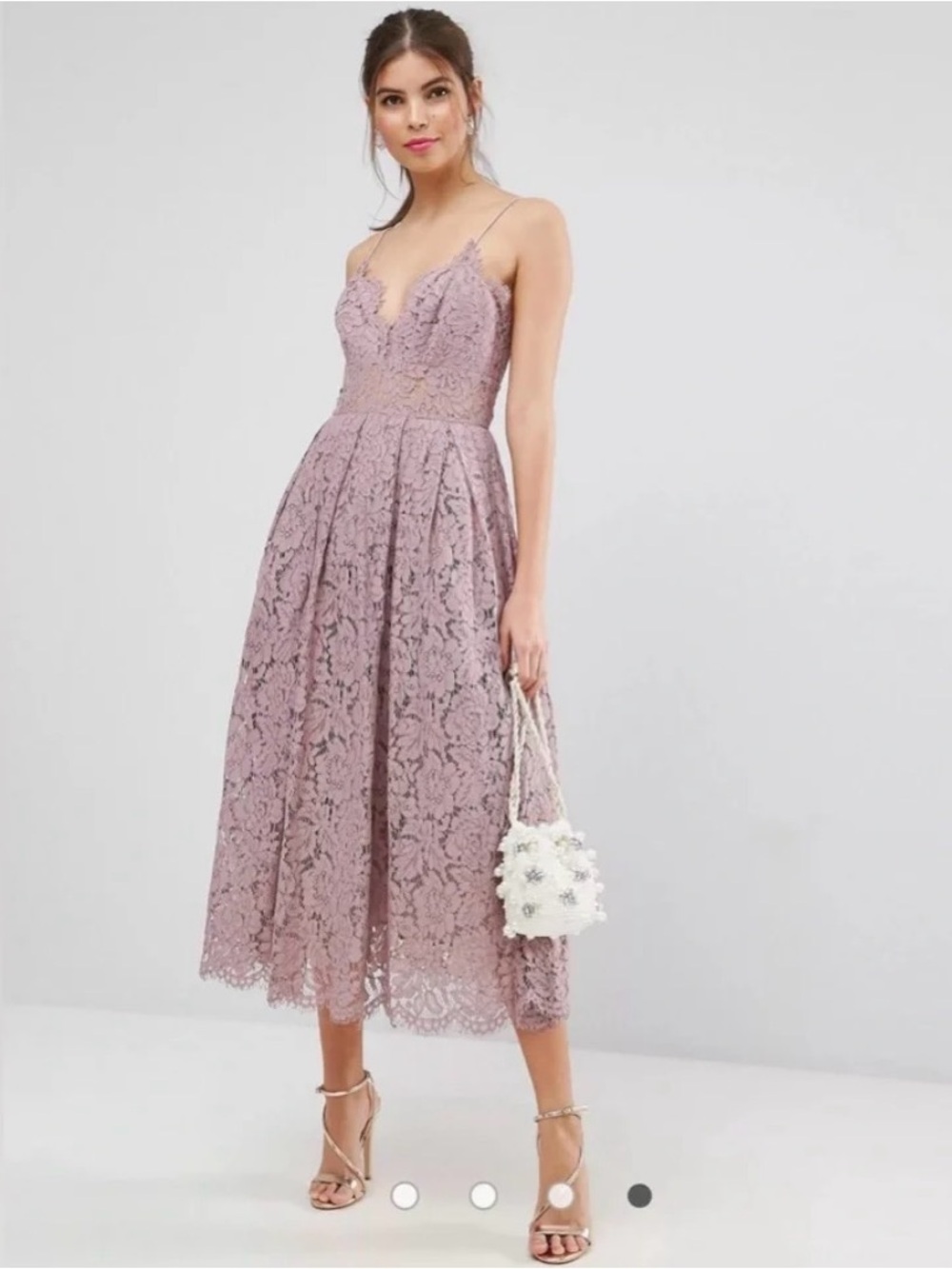 ASOS Dusty Mauve Lace Midi Dress with Spaghetti Straps